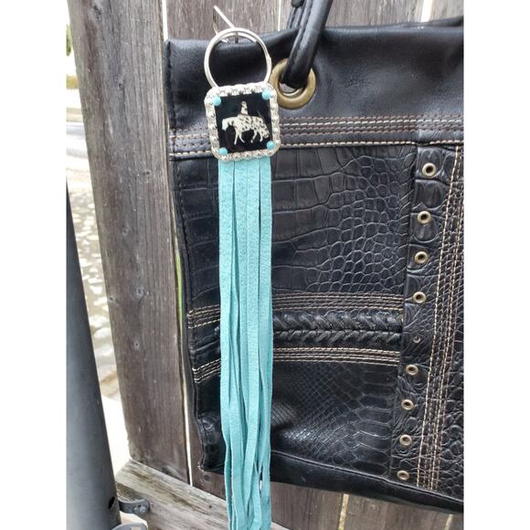 Handmade boho appy horse Leather Fringe Western bag charm, Long fringe keychain - Picture 3 of 3